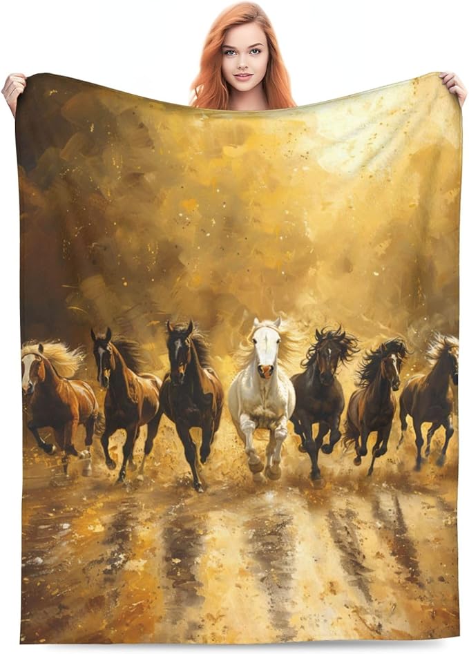 7 Lucky Running Wild Horses Decor Throw Blanket - Comfy Plush Flannel Fleece Warm Soft Fluffy Fuzzy Blanket - Western White Horse Gifts for Girls, Boys, Women & Teens - 50"X60"