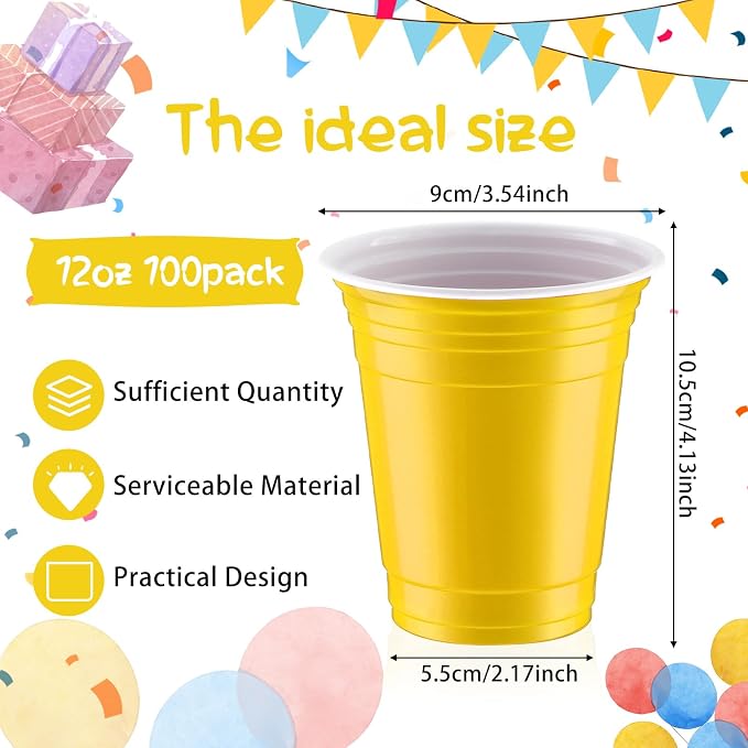 Sabary 100 Pack 12oz Plastic Cups Yellow Graduation Heavy Duty Drinking Disposable Cups with Lines for Beverage Holiday Wedding Camping Barbecues Birthday Party Outdoor Picnic(Yellow and White)