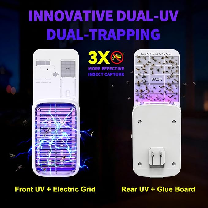 2-Pack Upgraded Fruit Fly Traps for Indoors, Flying Insect Trap for Fruit Flies, Gnats, Plug in Bug Zapper Indoor with Dual-UV Lights & Trapping, Electric Grid & Glue Traps(2 Device & 10 Glue Boards)