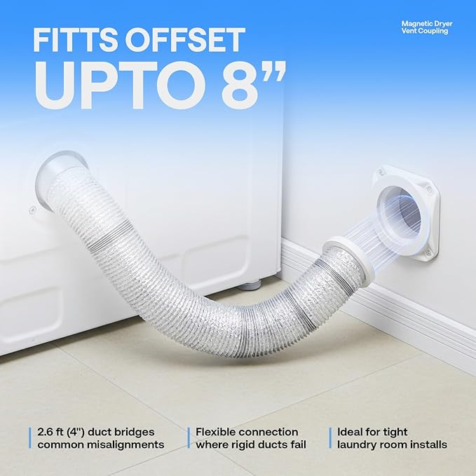 Magnetic Dryer Vent Kit for Tight Spaces - Self-Aligning Mag-Snap Connector, Heat Resistant & Flame Retardant ABS, Airtight Seal, Includes 4" x 2.6ft Flexible Duct & Clamps