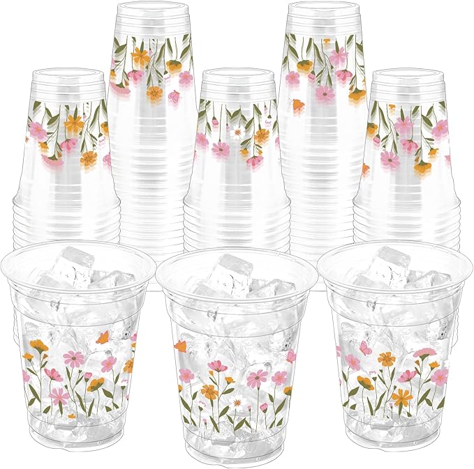 100Pcs Flower Plastic Party Cups, 12oz Flower Disposable Clear Cups for Spring Parties, Picnics, Holiday Gatherings, Floral Theme Birthday Party Drinking Supplies