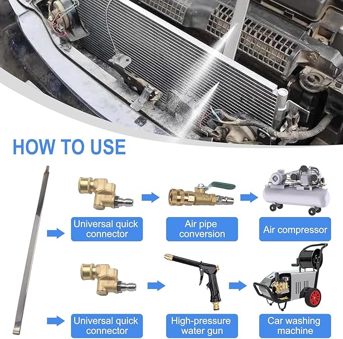 Pressure Radiator Cleaning Wand, 24''/32''/39'' Car Radiator Cleaner Wand Tool with Three 1/4'' Quick Coupler, Radiator Flush and Cleaner Tool, Home Car Truck Stainless Steel Power Washer Wand (32'')