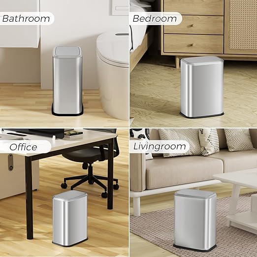 Bathroom Trash Can with Lid 8L/2.1 Gallon Silver Trash Can Small Garbage Can with Swing Top Lid Slim Stainless Steel Garbage Can with 100 Counts Trash Bags for Bathroom Bedroom Kitchen Office Toilet
