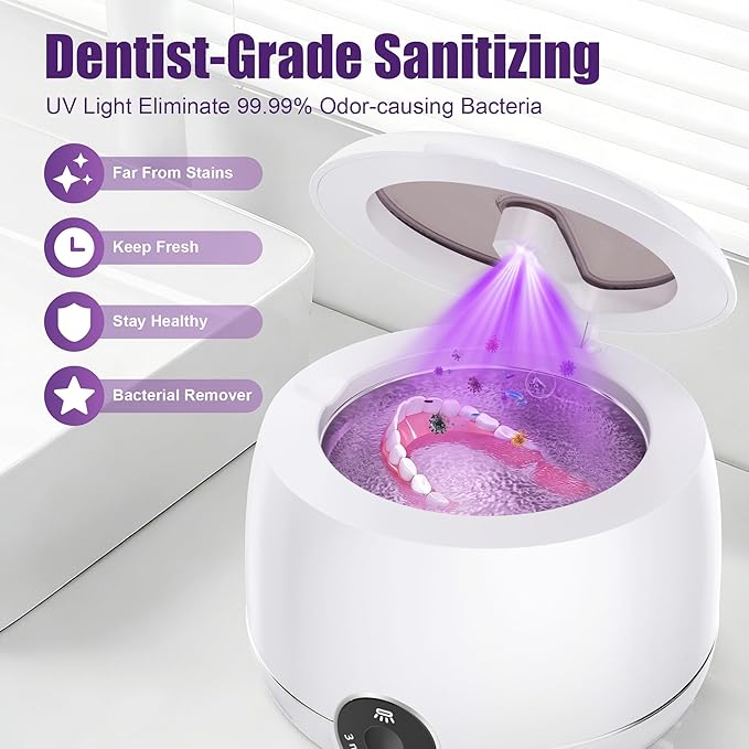 Ultrasonic Dental Retainer Cleaner Machine-45kHz Ultrasonic Cleaner with UV Light & 200ML Deep Cleaning Pod for Dentures Mouth Guards Aligners Invisalign Night Guards Braces Jewelry