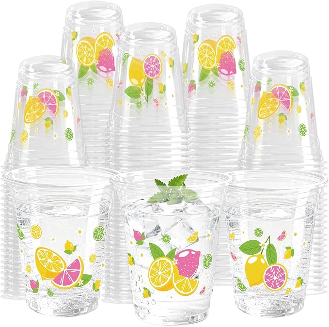 100 Pack Lemons Plastic Cups 12 oz Pink Yellow Tropical Fruit Disposable Cup Clear Lemons Summer Spring Party Favor Drinking Cold Beverage Cup for Party Supplies