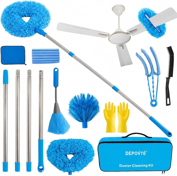 Ceiling Fan Cleaner Duster Kit 72 Inch Ceiling Fan Duster Extension Pole 8-in-1 Microfiber Duster Set for High Ceilings, Fan Blades, and Lights Reusable Cleaning Tools with Storage Bag