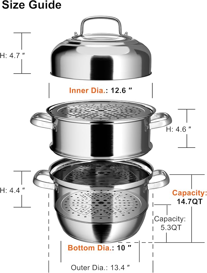 VENTION 3 Tier Induction Steamer Pot for Cooking, 13.4 Inch(34cm), 14.7 Qt | Stainless Steel Steamer for Cooking Tamales, Large Steam Pot for Dumplings and Vegetables
