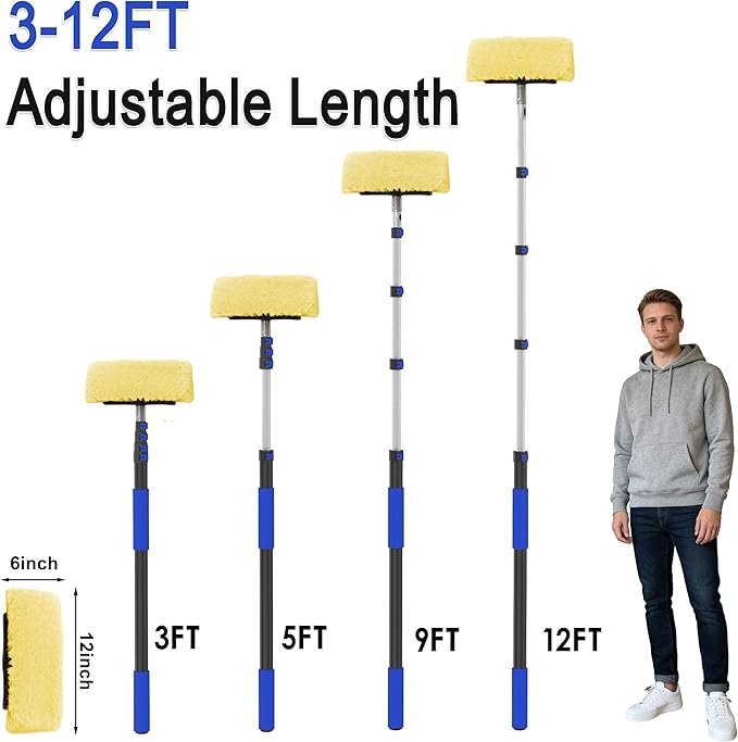 18FT Reach Car Wash Brush with Long Handle, 3 to 12 FT Car Cleaning Brush with Soft Bristle, Aluminium Telescoping Pole for Solar Panel, House Siding, SUV, Cars, Trucks, RV, Floors, Navy