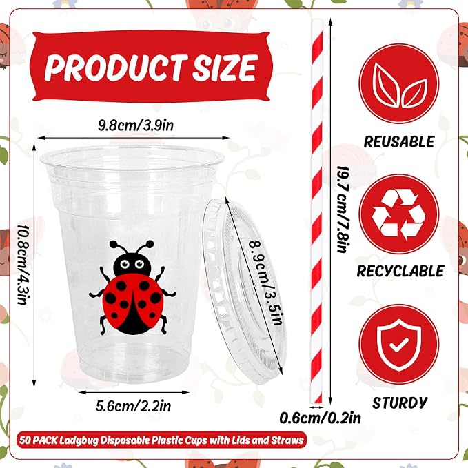 Whaline 50Pcs Ladybug Disposable Plastic Cups with Lids and Straws Cute Insect Cold Beverage Drinking Cups for Birthday Wedding Party Supplies