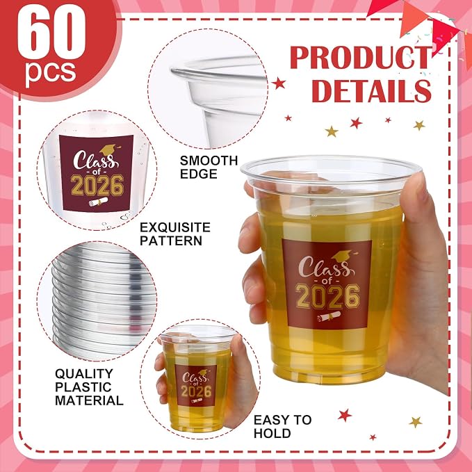 Amyhill 60 Pack 12oz Graduation Cups 2026 Graduation Decorations Disposable Plastic Cups Sturdy&Durable Drinkware for Class of 2026 Decorations Congrats Grad Party Favors Supplies (Gold Dark Red)