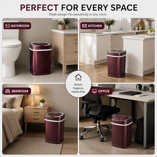 Smart Trash Can, Motion Sensor Trash Can with Lid, 15L Touchless Automatic Garbage Can for Bathroom, Bedroom & Office, Stainless Steel, Quiet Soft-Close, Long Battery Life, Wine
