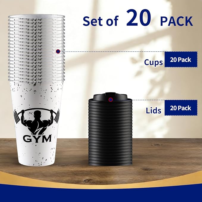 20pcs Gym Birthday Party Supplies Bodybuilder Theme Disposable Plastic Cups 16 Oz Drinking Cup with Lid, for Gym Lovers and Weight Lifters (gym)