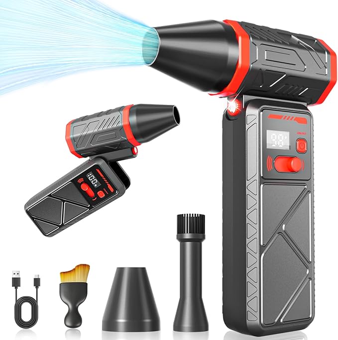 Electric Compressed Air Duster, 150000RPM Cordless Air Blower with 8000mAh Rechargeable Battery, Stepless Speed, Adjustable 90° Nozzle, LED Light for PC Cleaning, Keyboard, Car Interior, Home