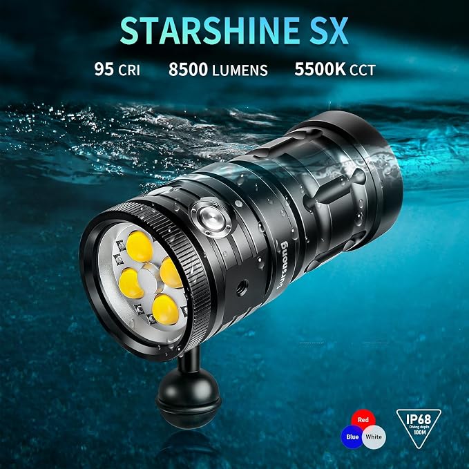 Starshine SX 8500 Lumens Dive Light - Professional Underwater Video Light with 95 CRI, 5500K White Light, USB-C Rechargeable, for Diving/Underwater Photography (IP68 Waterproof, 100m Depth)