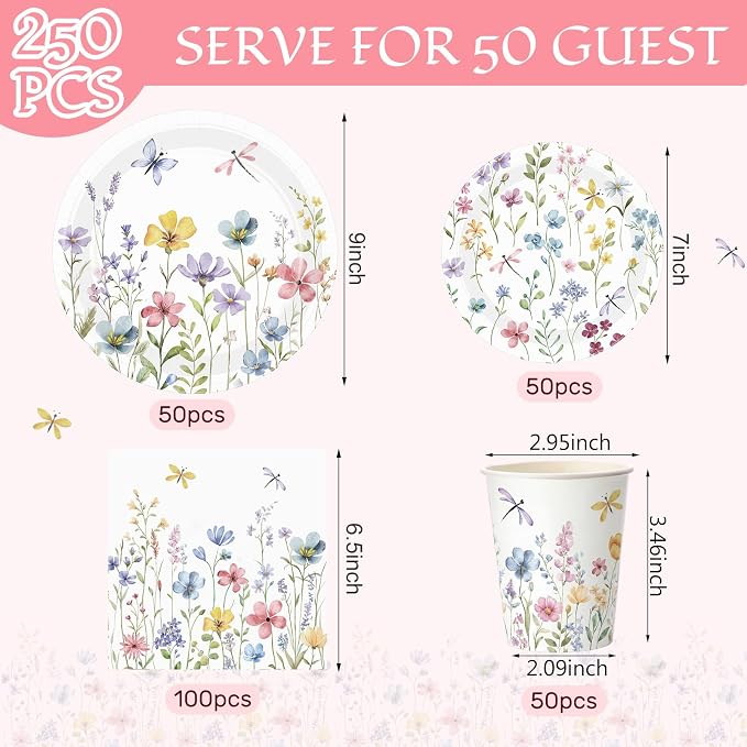 Pickmesh 250 Pcs Spring Floral Disposable Tableware Set Wildflower Butterfly Disposable Paper Plates Napkins and Cups for Baby Bridal Shower Birthday Wedding Baby in Bloom Garden Tea Party Supplies
