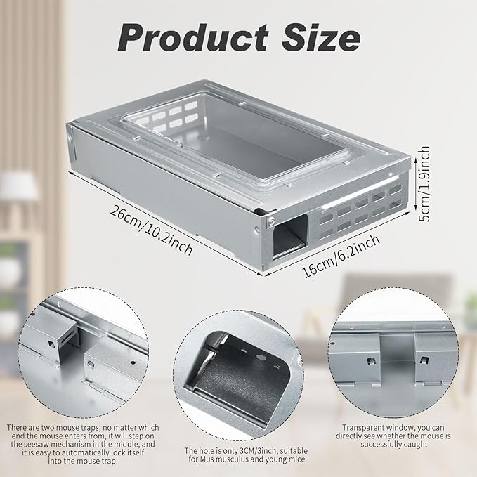 Qualirey 4 Pack Multi Catch Mice Trap Clear Top Humanized Mouse Trap Rodent for Indoor Outdoor Rat Control Pet and Security (6.3 Inch,Silver)