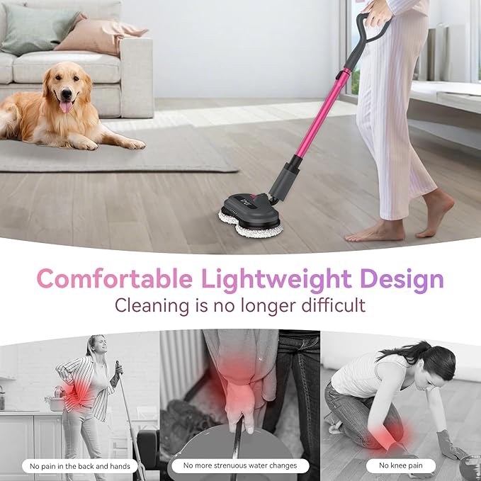 VMAI Cordless Electric Mop for Floor Cleaning,Water Sprayer Spin Mop with 300ML Water Tank,LED Lighting and Removable Battery,Up to 60mins Working Time for Hardwood Tile Laminate Marble Floor(Rose)