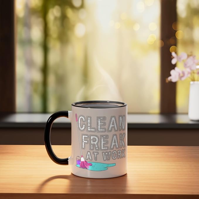 Clean Freak at Work Cleaning Ceramic Mug, Black/White