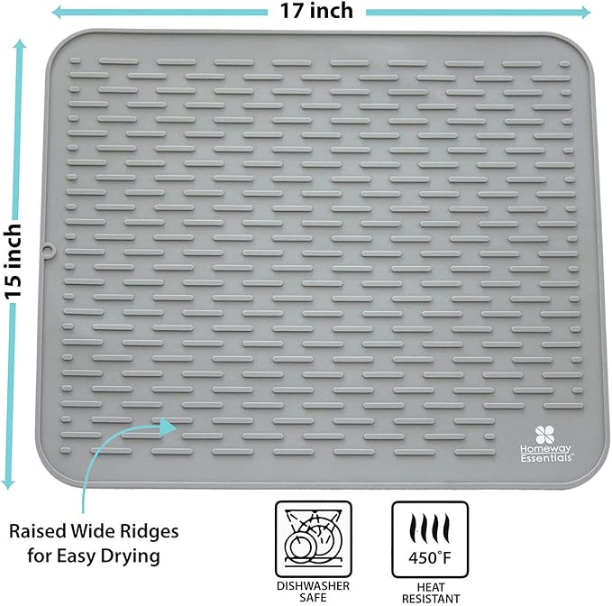 Silicone Dish Drying Mat - 17 x 15 - Large Dish Drying Mat, Counter top Mat, Dish Draining Mat, Sink Mat, Large Silicone Trivet (LARGE, GREY)