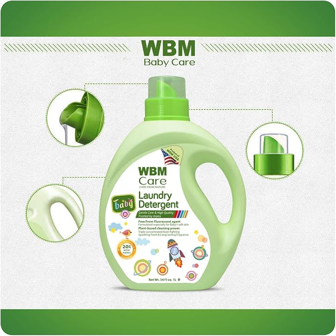 WBM Care Liquid Baby Laundry Detergent, 100 Loads | 68 oz | Gentle formula designed for baby clothes, ensuring effective cleaning and care for delicate skin
