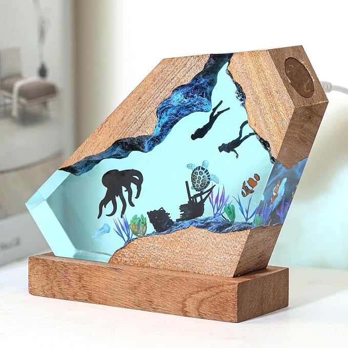 Octopus Ocean Resin Lamp, Handmade Wooden Table Resin Night Light, USB Port Art Ornaments for Home Office Decor, Scuba Diver Gifts for Birthday Holiday, Valentine's Day Gifts for Husband
