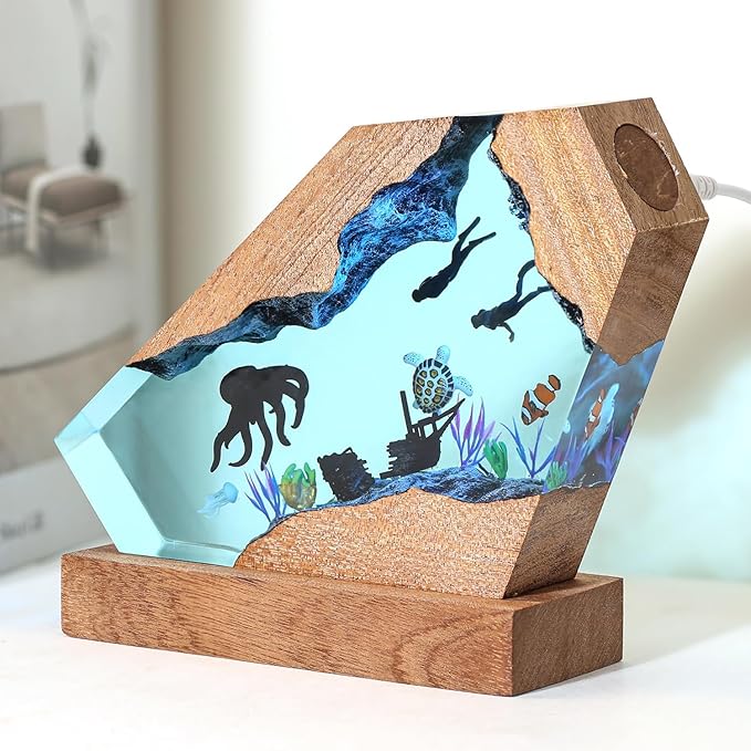Octopus Ocean Resin Lamp, Handmade Wooden Table Resin Night Light, USB Port Art Ornaments for Home Office Decor, Scuba Diver Gifts for Birthday Holiday, Valentine's Day Gifts for Husband