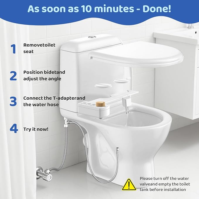 Bidet Attachment for Toilet Seat, Ultra Slim | Easy Control | Adjustable Water Pressure | Non-Electric Self-Cleaning Dual Nozzle | Cold Water Bidet for Frontal & Rear Wash, Bamboo Knob