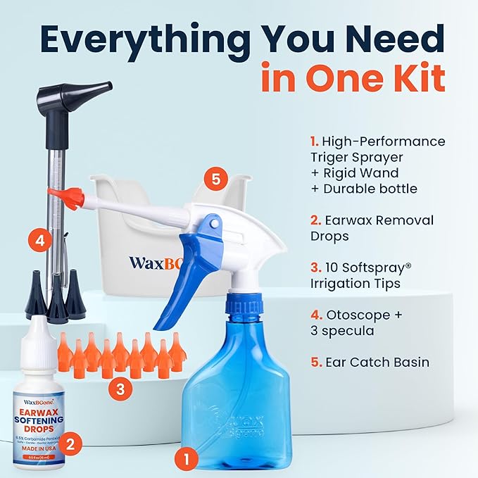 WaxBGone Ear Wax Removal Kit with SoftSpray Irrigation Tips, 4X High Output Sprayer & Ear Basin - Safe, Fast, Gentle Ear Cleaning Kit for Adults & Kids at Home - Premium Kit with Otoscope + Ear Drops