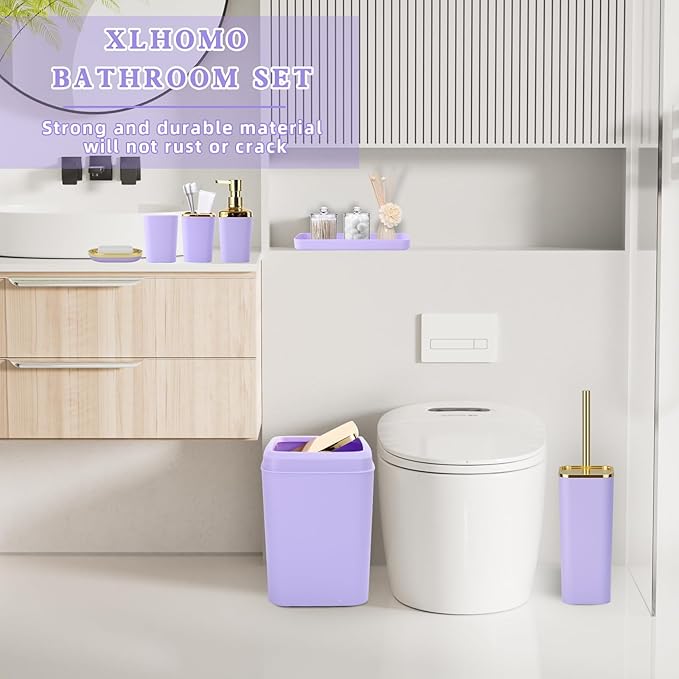XLHOMO Purple Bathroom Accessories, 24 Pieces Purple and Gold Bathroom Accessories Set with Shower Curtain, Bath Towels, Trash Can, Soap Dispenser and Soap Dish for Bathroom/Housewarming