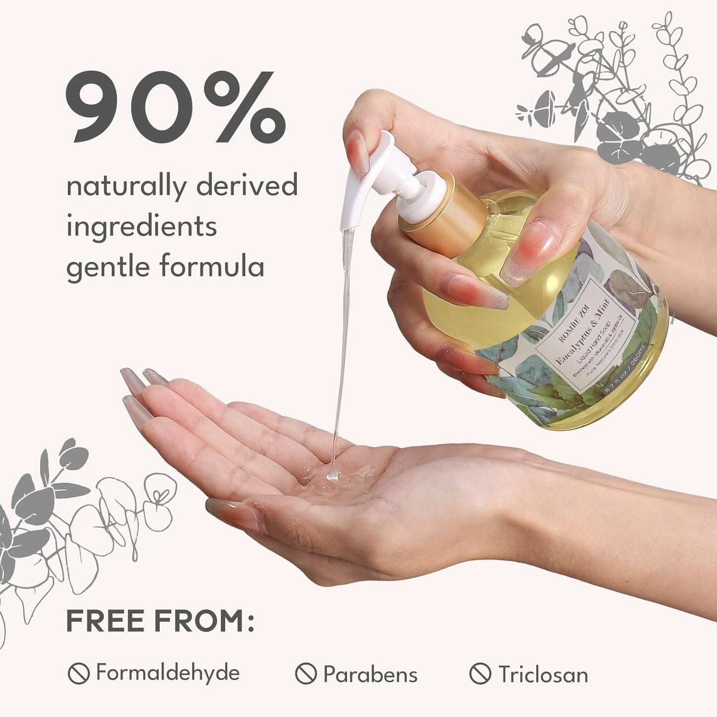 ROMIIE ZOI Eucalyptus & Mint Liquid Hand Soap Refill, Gentle & Moisturizing Formula, Natural Cruelty-Free Soap, Large 750 ML Bottles Bulk for Kitchen, Bathroom, and Dispensers (26 FL OZ, Pack of 3)