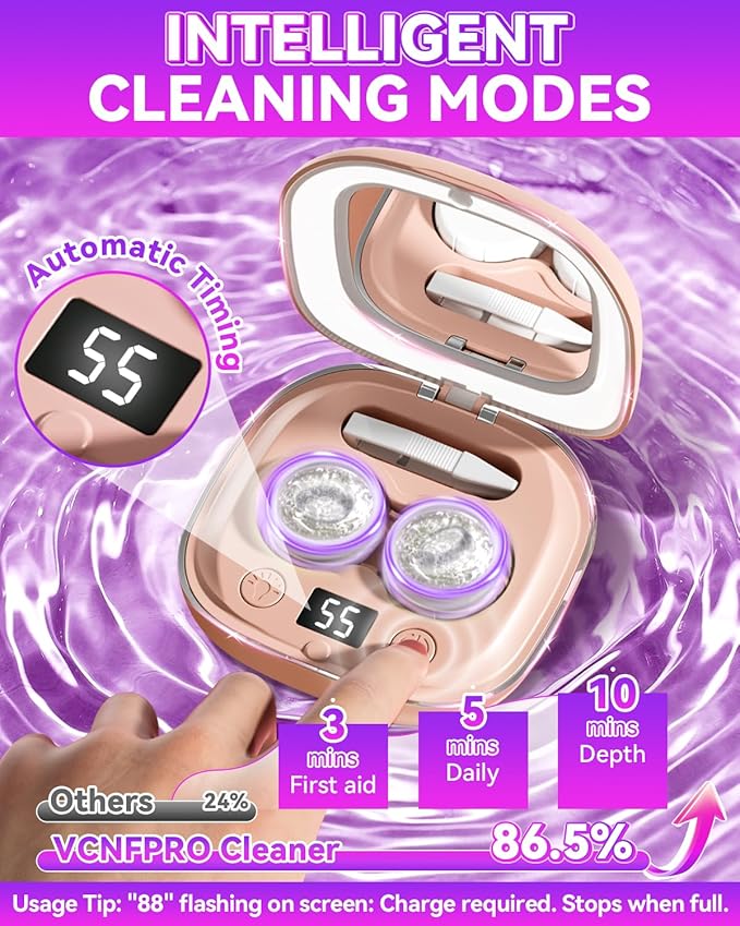 2025 Upgraded Ultrasonic Contact Lens Cleaner【50KHz Germany Super Motor】【Top1 Intelligent Chip-Smart Modes】【Rechargeable】 Gentle Cleaning & 99% Brightness, Portable Soft Contact Lens Tools (Chic Pink)