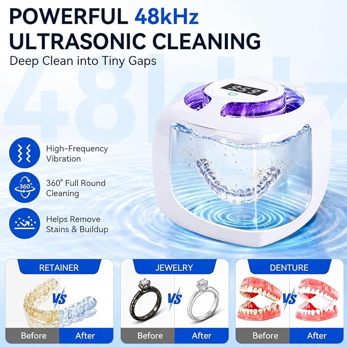 Ultrasonic Retainer Cleaner Machine, 340ml 48kHz Ultrasonic Cleaner for Retainers, Dentures, Mouth Guard & Jewelry, 4 Cleaning Modes,Large Capacity Tank,Portable Quiet Design with UV Light,White