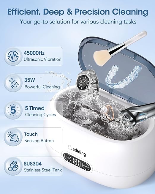 Adiding Jewelry Cleaning Machine, 650mL Ultrasonic Glasses Rings Cleaner Professional Denture Coins Watch Cleaner with 5 Digital Timer Degas Mode Diamond Earrings Necklaces