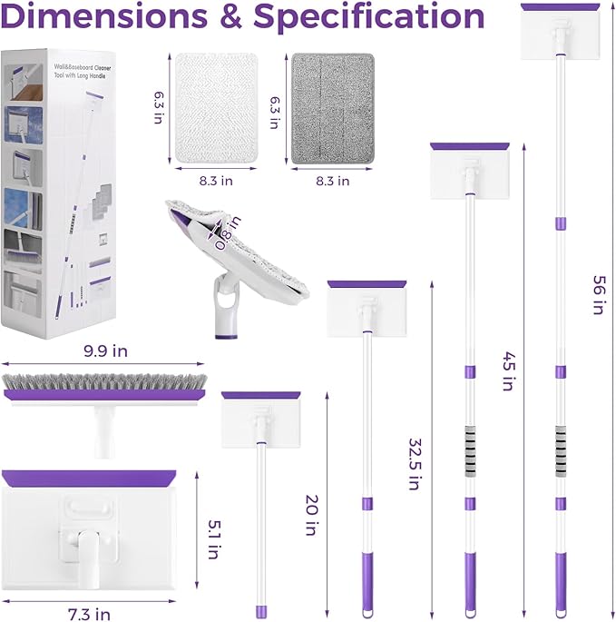 wlich Baseboard Cleaner Tool with Handle 2.0, 60" Extendable Long Handle, Dust Trapping and Locking, 5 Reusable Pads, Purple Base Boards Cleaning Tool for Moldings, Wall, Floor, Bathroom, Kitchen