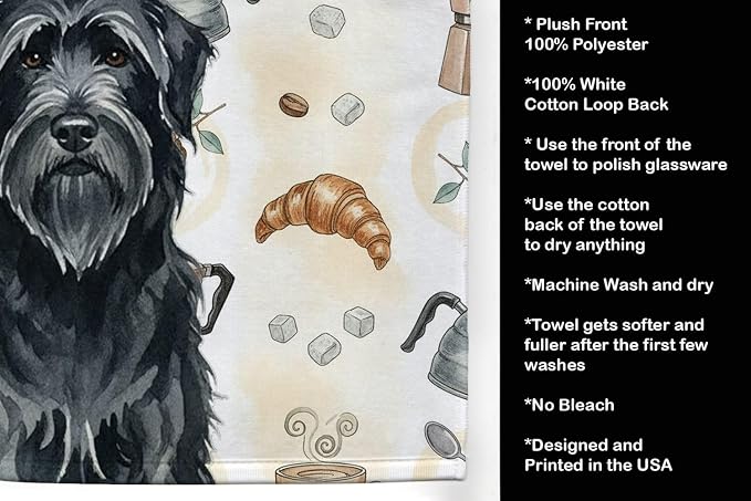 Caroline's Treasures Black Briard Coffee Bar Kitchen Towel Velour Plush Front and Cotton Loop Back Machine Washable