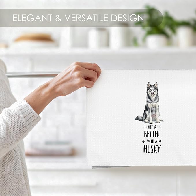 Husky Kitchen Towel Gifts for Dog Lovers Decorative Set of 2, Siberian Husky Dish Towels Dishcloths Tea Towels, Huskie Waffle Weave Microfiber Hand Towel for Kitchen Bathroom Decor 16x24