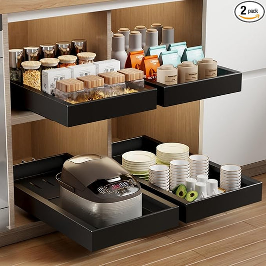 Mustorn 2 Pack Pull Out Cabinet Organizer,21.8" Deep Slide Out Drawer for Cabinets Adhesive Pull Out Drawers Heavy Duty Pull Out Shelves for Kitchen,Cupboard,Pantry,Bathroom-Black