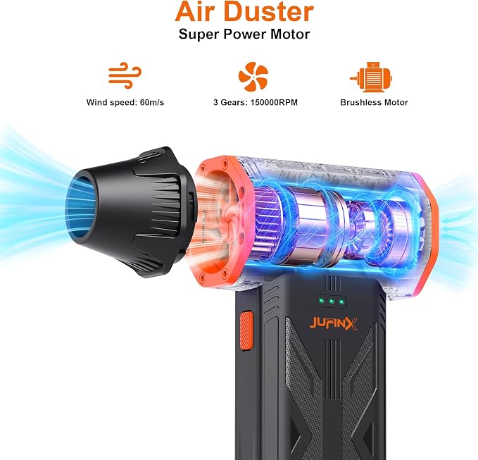 F32 Compressed Air Duster-150000RPM Super Power Electric Air Duster, 3-Speed Adjustable Rechargeable Mini Blower,for PC Keyboard Cleaning, Leaves,Computer, Vacuum Storage Bag.