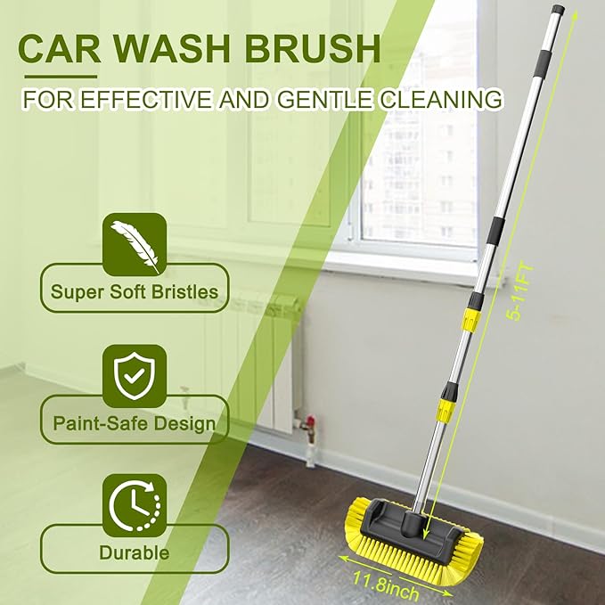 SISUPASSIE 12FT Car Wash Brush with Long Handle, 12-Inch Soft Bristle Car Cleaning Brush for Cleaning RV, Truck, Boat, Solar Panels, Yellow