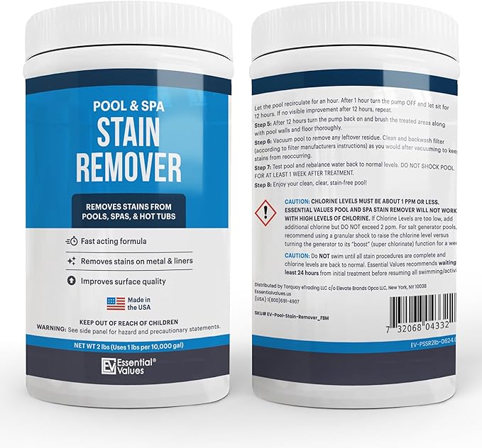 Essential Values Swimming Pool & Spa Stain Remover (2 LBS) - Compatible with Vinyl Liners, Fiberglass & Metals - Effective Formula Removes Rust & Tough Stains
