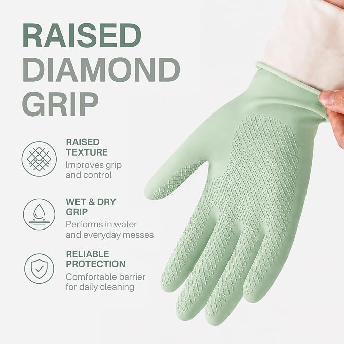 Rubber Cleaning Gloves, Waterproof Non-Slip Long Cuff Dishwashing Household Kitchen Gloves, Gray+Green, Medium, 3 Pairs
