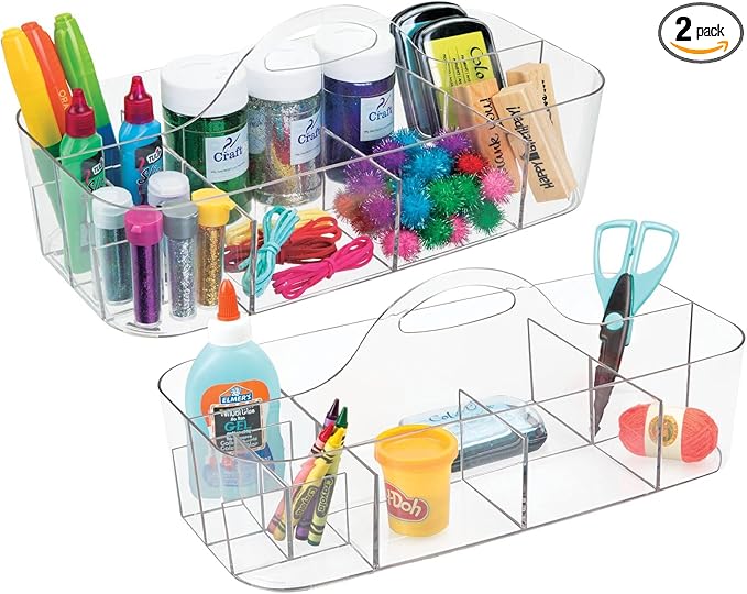 mDesign Plastic Divided Art and Craft Storage Organizer Caddy Tote Bin with Handle for Home Office and Living Room - Holds Pencils, Crayons, Sewing Supplies - Lumiere Collection, 2 Pack, Clear