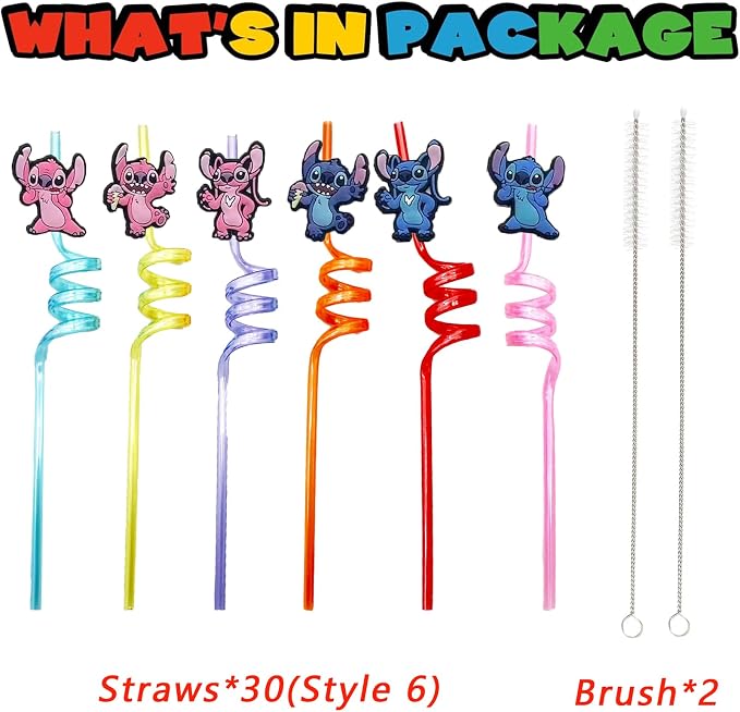 30pcs Stitch Straws Stitch Party Supplies Favors With 2pcs Cleaning Brush Plastic Reusable Straws Birthday Party Supplies For Boys Girls