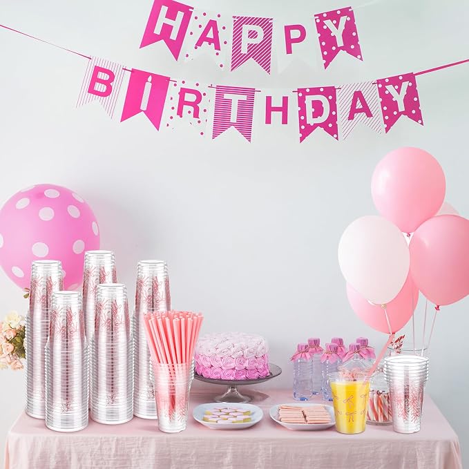 Qinyoung 100 Pcs 12 oz Pink Bow Plastic Cups with Paper Straws Pink Bowknot Cute Coquette Disposable Cups Bulk for Birthday Wedding Summer Bridal Engagement Just Wanna Be One Birthday Party Supplies