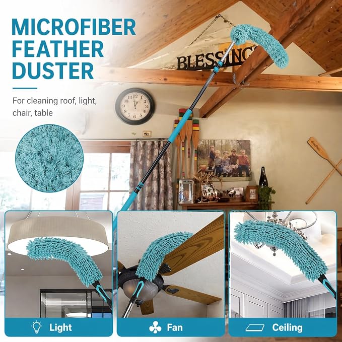 High Ceiling Duster Kit with 5-24FT Heavy Duty Extension Pole, Reaches Up to 30FT, Includes Microfiber Feather Duster, Cobweb and Ceiling Fan Duster, Window Squeegee Cleaner & Skylight Hook (24FT)