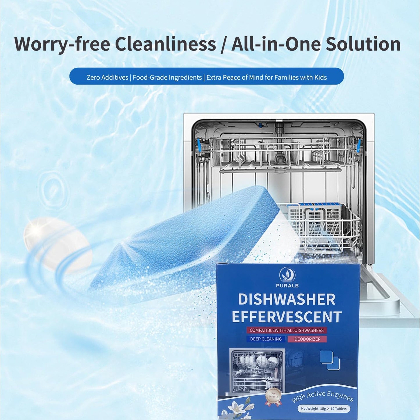 Dishwasher Cleaner Tablets - 24 Tabs (2x12 Pack), 1-Year Supply Heavy Duty Deodorizer Tabs for Deep Cleaning, Descaler Pods Remove Limescale & Grease, Septic Safe for All Dishwasher Brands - Puralb