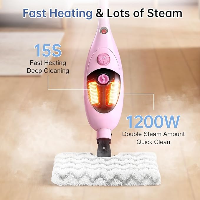 12-in-1 Steam Mop Cleaner, 15-Sec Fast Heat-Up, 1200W Floor Steamer with Double-Sided Pads, Removes 99.99% Stubborn Stains for Hardwood Floors, Marble, Clothes, Windows, Tiles, White