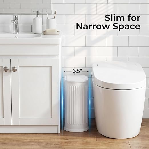 1.8 Gallon Bathroom Trash Can with Lid, Small White Stainless Steel Press Top Garbage Can, Removable Inner Bucket, Includes 60 Trash Bags