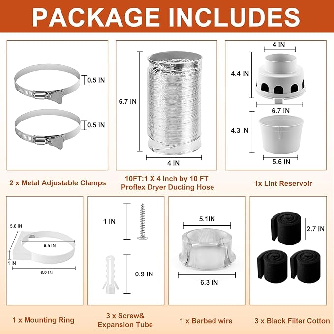 【UPGRADED】TDIDVKZW Indoor dryer vent kit 10 Feet 3 In 1 Filter Bucket with 4 Inch Proflex Ducting Hose for Electric Dryers by Cenipar