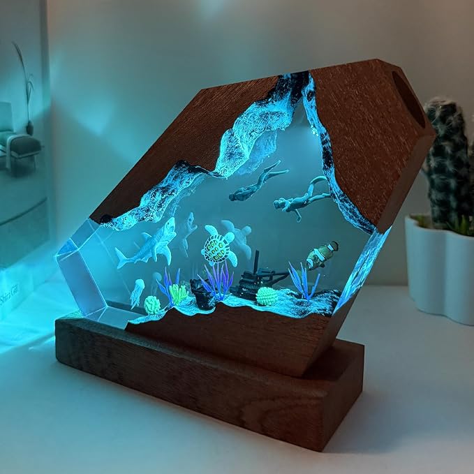 Shark Resin Lamp,USB Powered Resin Ocean Night Light with Wooden Base, Variable Lights,Shark Decor for Home Office, Ocean Enthusiast Collectibles,Unique Valentine's Day Gifts for Him &Her(M 8" x5")